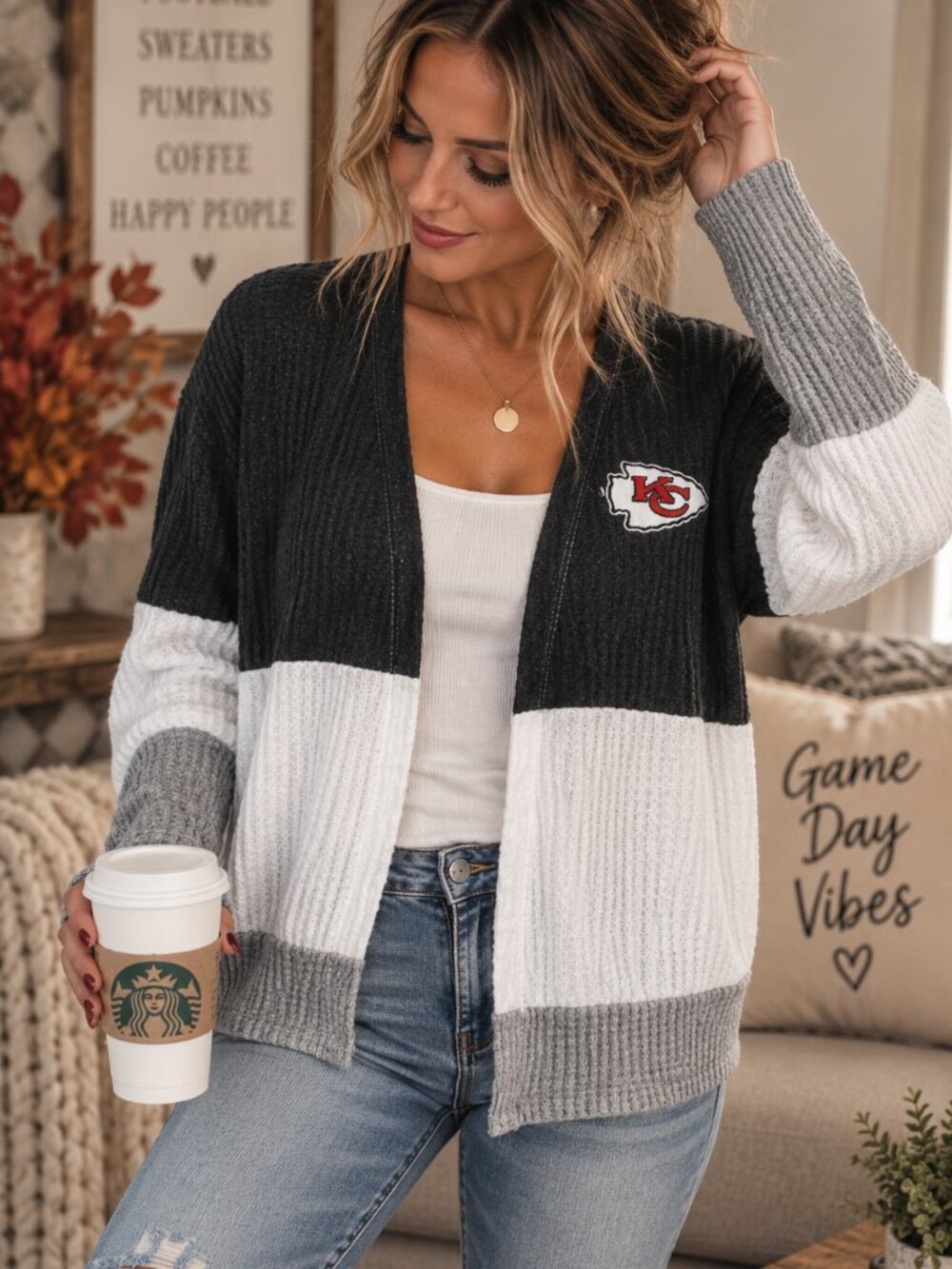 Kansas City Chiefs Colorblock Waffle Knit Cardigan NFL Football
